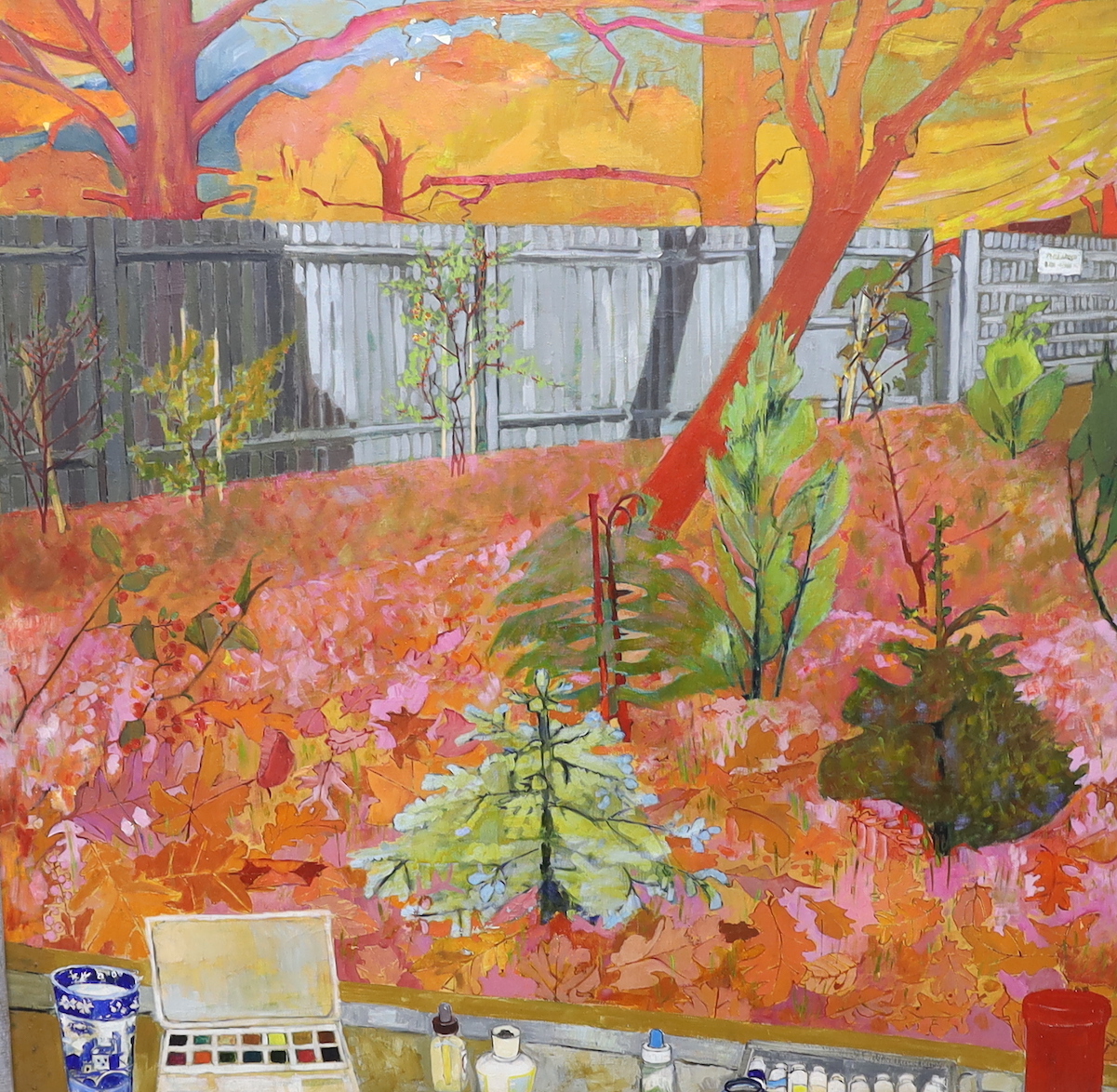 Christine Kubrick (b.1932), oil on canvas, Autumn garden scene, 120 x 120cm